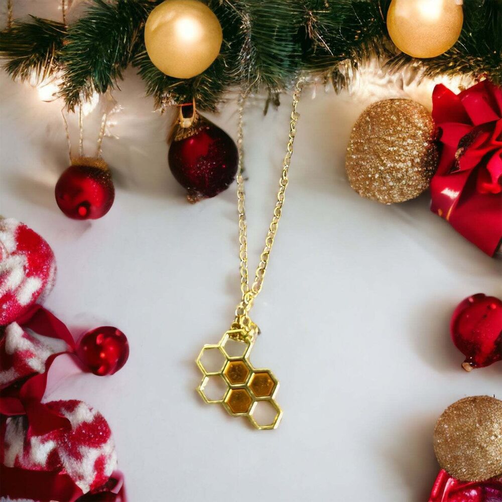 Handmade Gold "Sweet As Honey" Honeycomb Resin Necklace